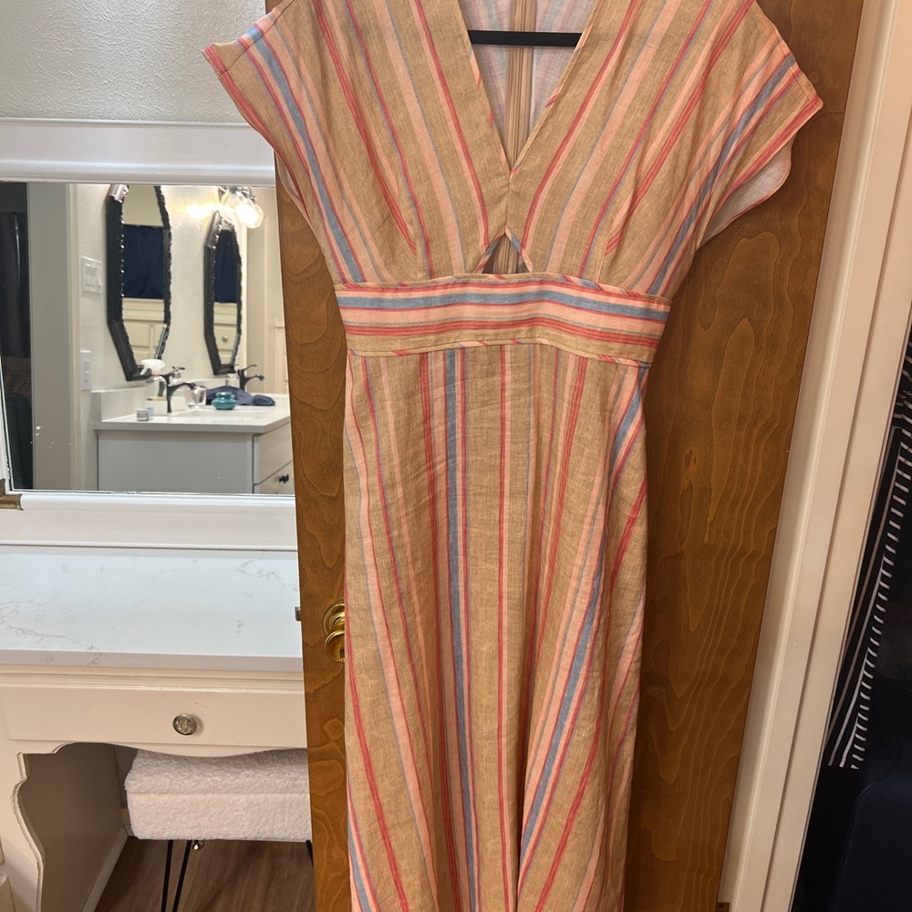 Pearl by Lela Rose Linen Striped V-Neck Dress